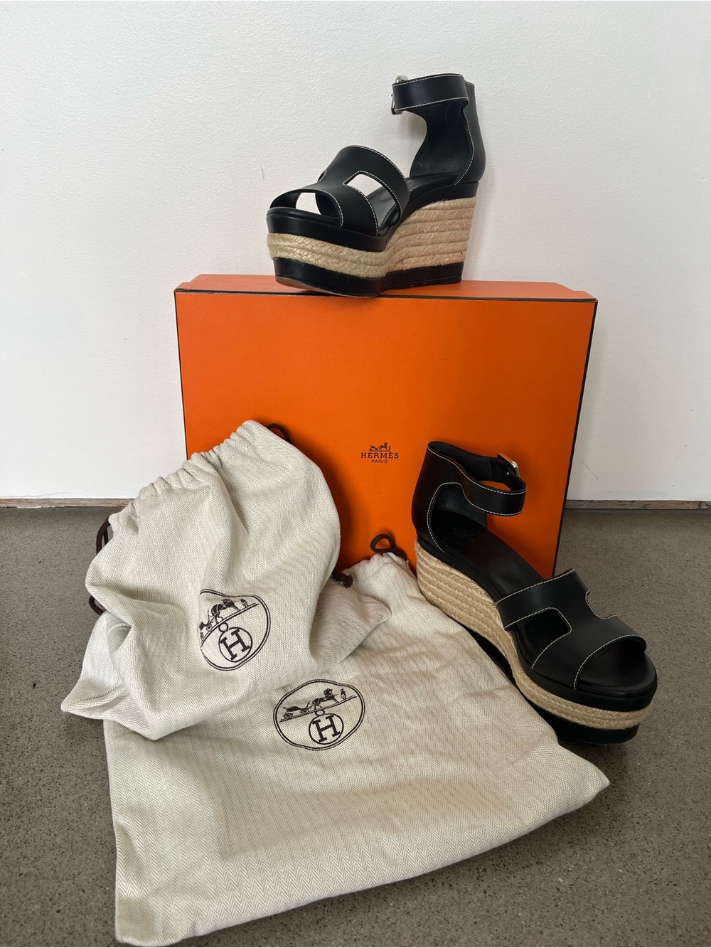 Hermes Black and Tan Platform Sandals